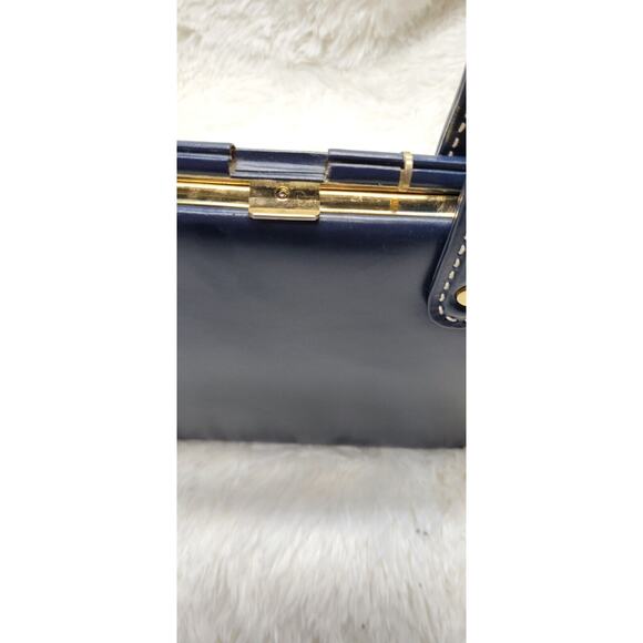 Vintage 1960's Dark Navy Gold Accent Leather Womens Lined Snap Closure Handbag - Picture 4 of 11